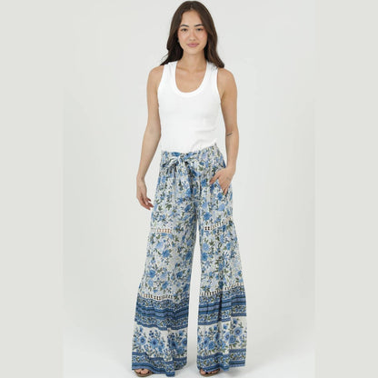 PRINTED WIDE LEG TIE WAIST PANTS WITH LACE - The Feral Market
