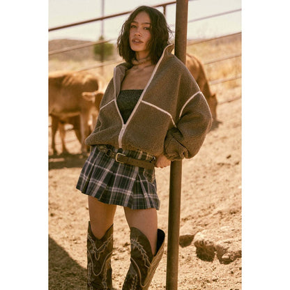 Faux Leather-Trimmed Sherpa Fleece Zip-Up Jacket