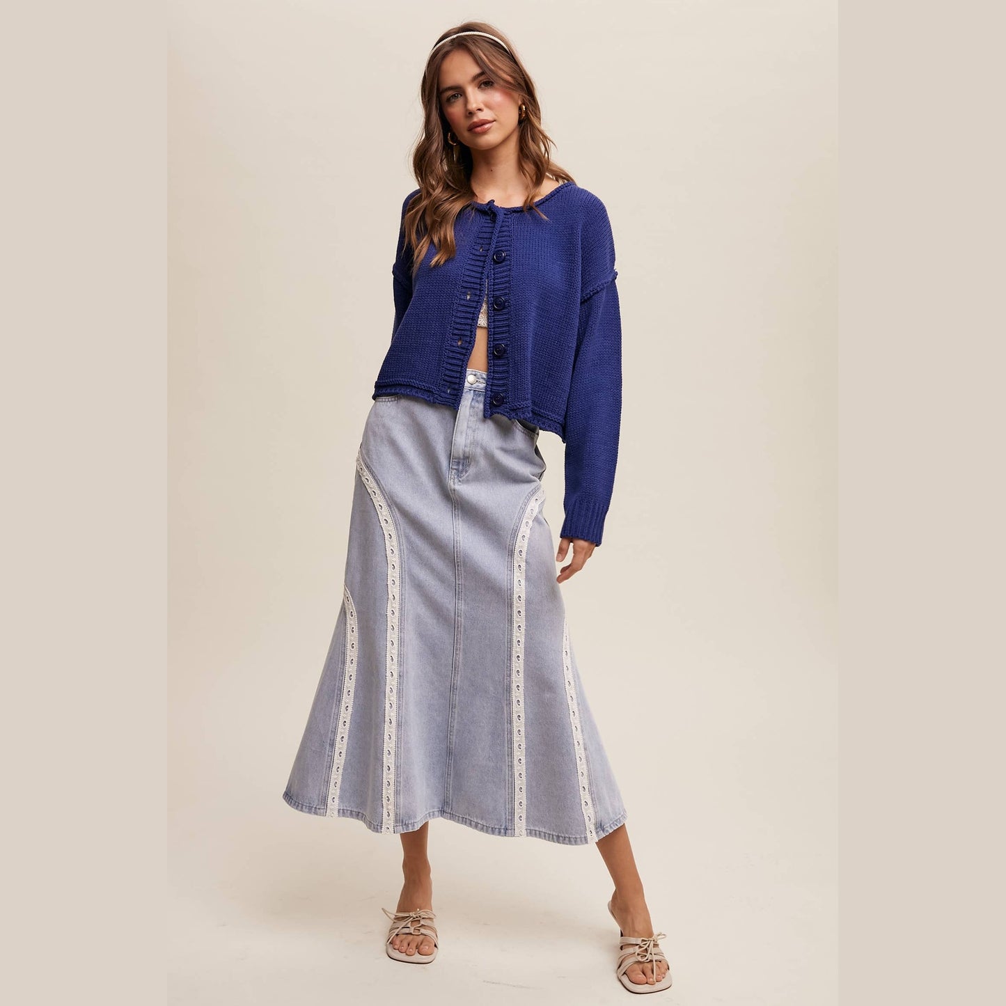 Embroidered Denim Midi Skirt
