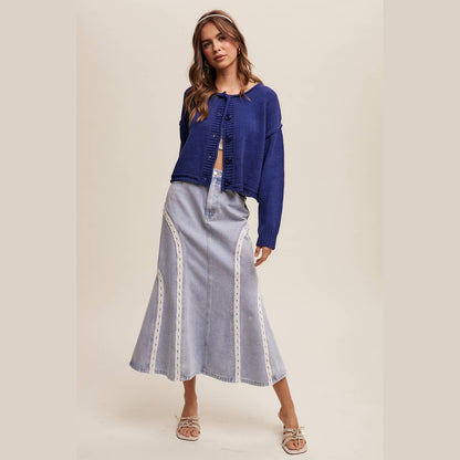 Embroidered Denim Midi Skirt