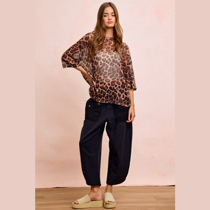 Leopard Print Short Sleeves Boxy Mesh Top