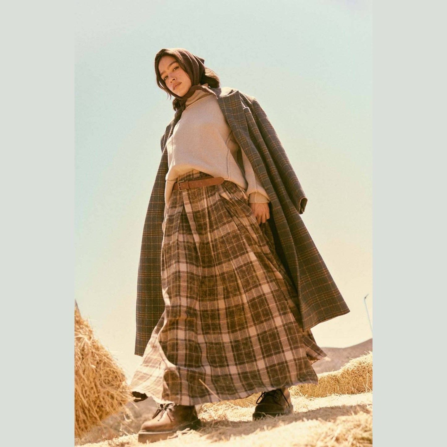 Plaid Flannel Pleated Wrapped Raw-Edge Maxi Skirt