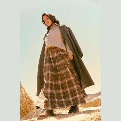 Plaid Flannel Pleated Wrapped Raw-Edge Maxi Skirt