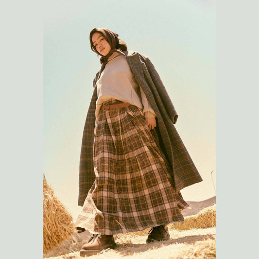 Plaid Flannel Pleated Wrapped Raw-Edge Maxi Skirt