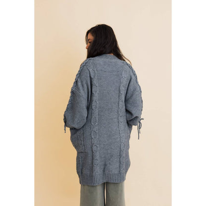 Tie Bubble Sleeve Cable Knit Oversized Cardigan