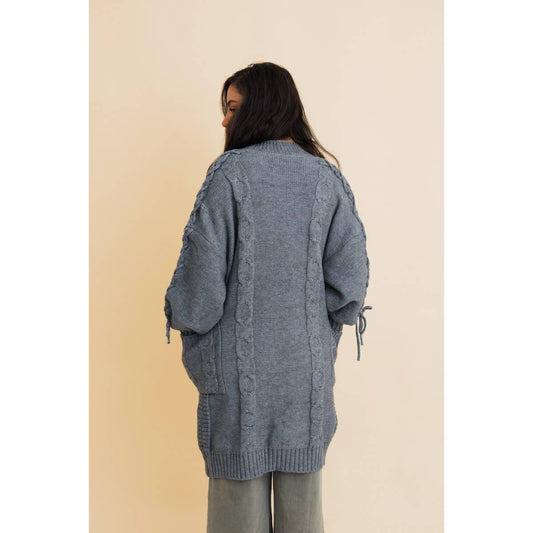 Tie Bubble Sleeve Cable Knit Oversized Cardigan