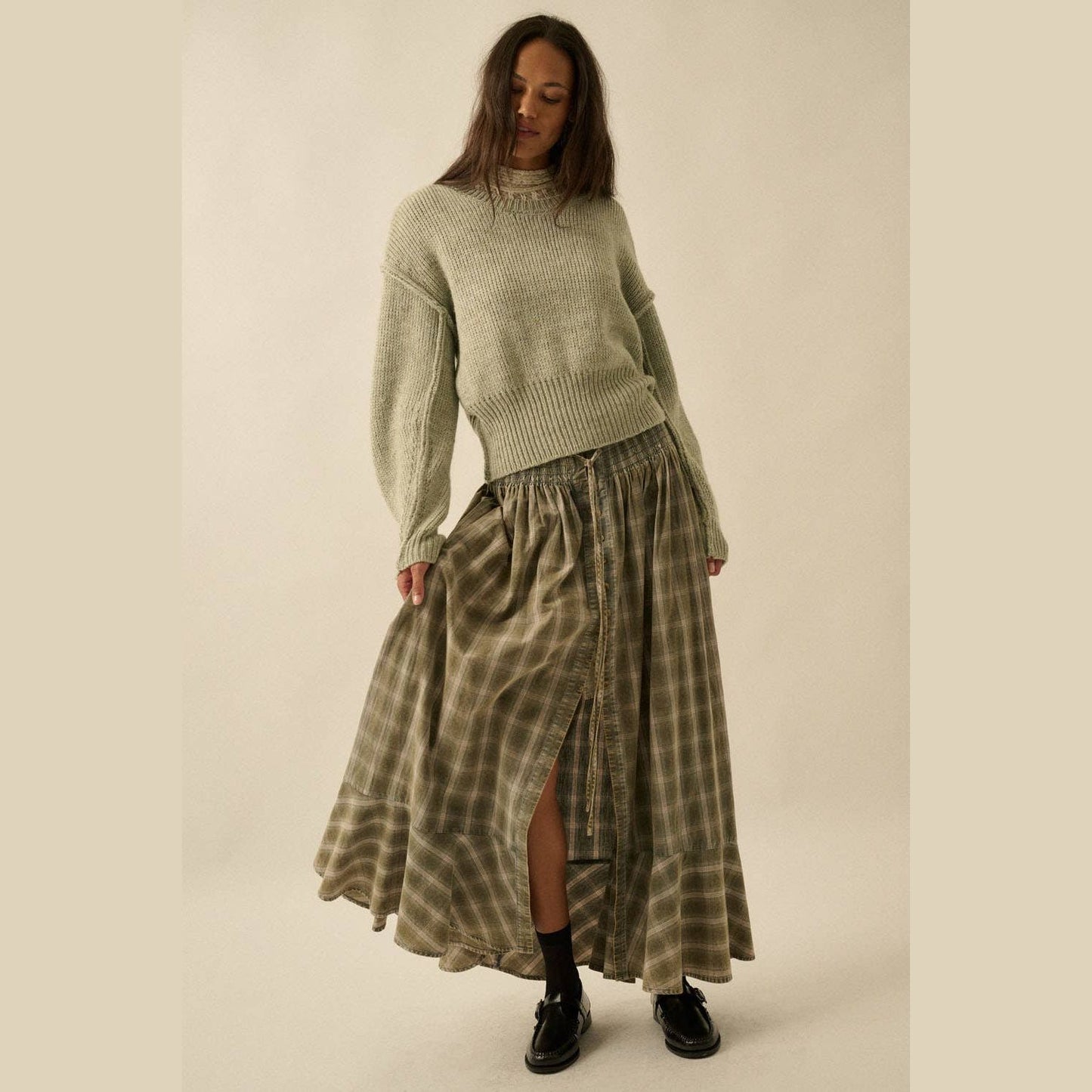 Plaid Flannel Button-Front Drawstring Maxi Skirt