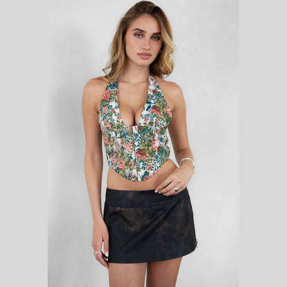 OLYVIA Floral Tapestry Halter Corset Top