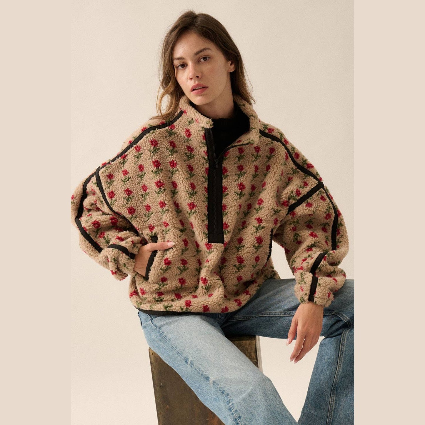 Floral-Print Fleece Half-Zip Pullover Jacket