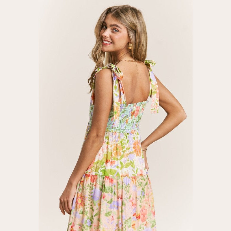 Patsy Smocked V-neck Tiered Multi Print Dress