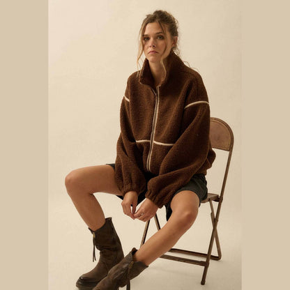 Faux Leather-Trimmed Sherpa Fleece Zip-Up Jacket