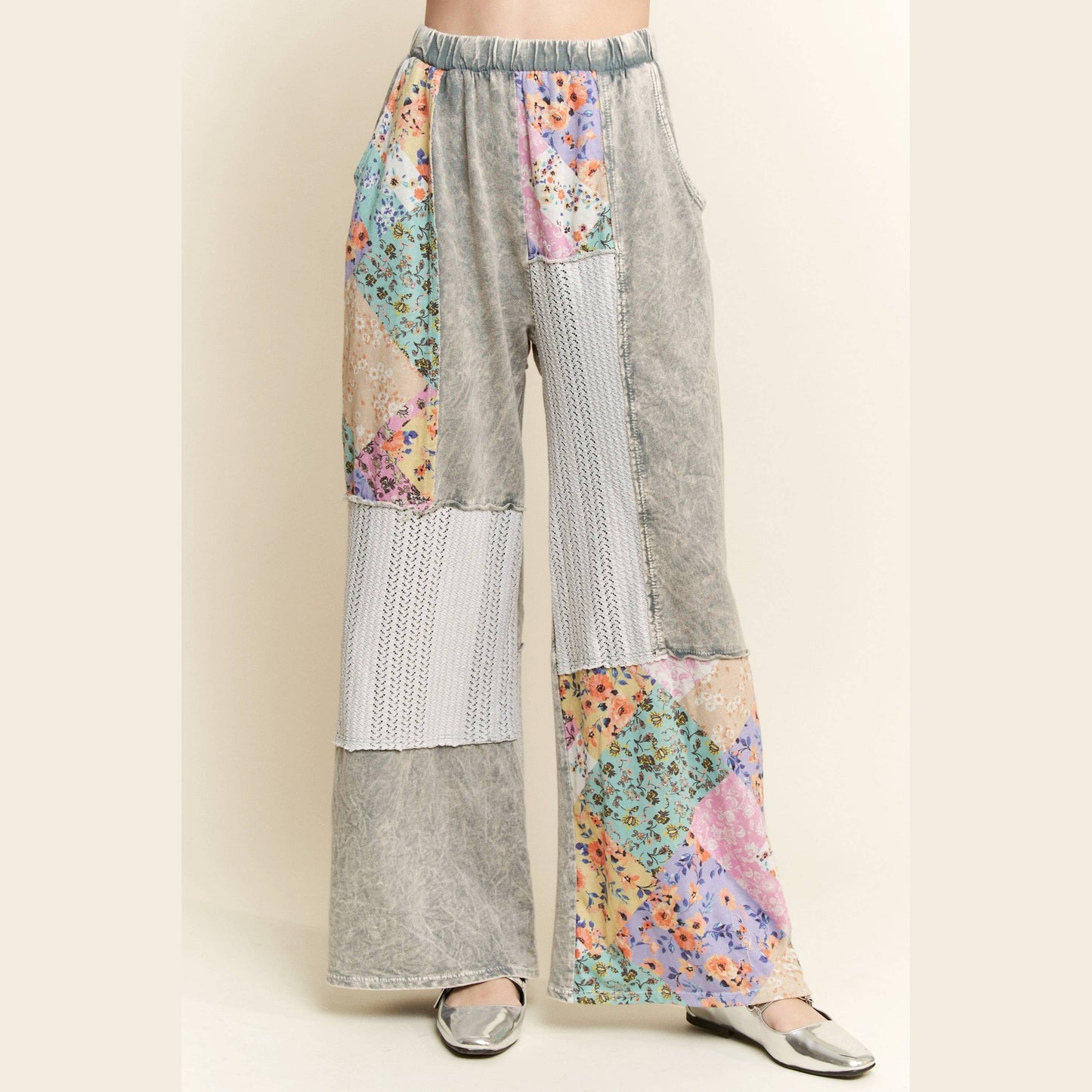 Mineral Washed Floral Wave Knit Jacquard Boho Pants