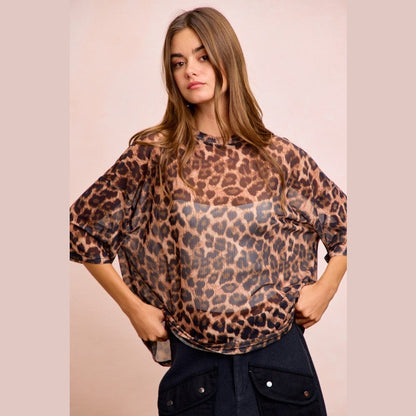 Leopard Print Short Sleeves Boxy Mesh Top