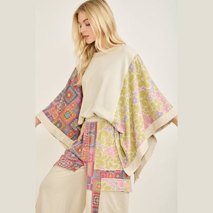 Mineral Washed Crochet Flower Printed Poncho