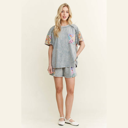 Mineral Washed Flower Patch Pocket Top
