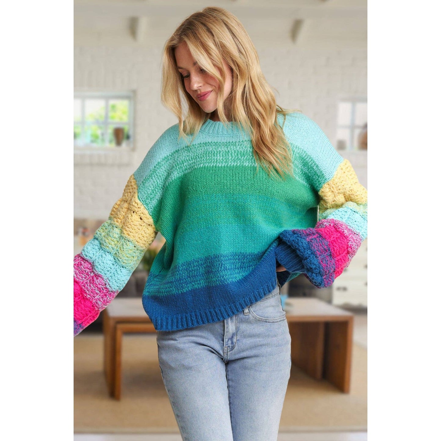 Rainbow Puff Sleeve Sweater