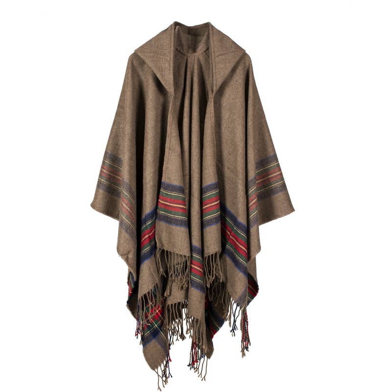 Classic plaid faux wool tartan hooded ruana fringed shawl