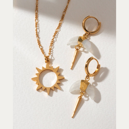 Crescent Horn Spike Huggie Hoop Earrings- Moonstone