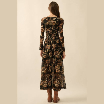 Floral Mesh Smocked Long-Sleeve Midi Dress