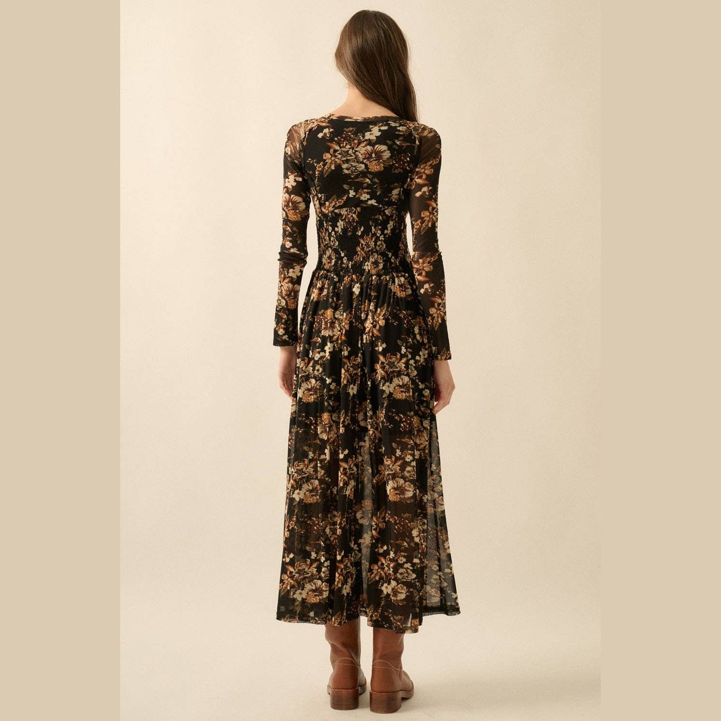 Floral Mesh Smocked Long-Sleeve Midi Dress