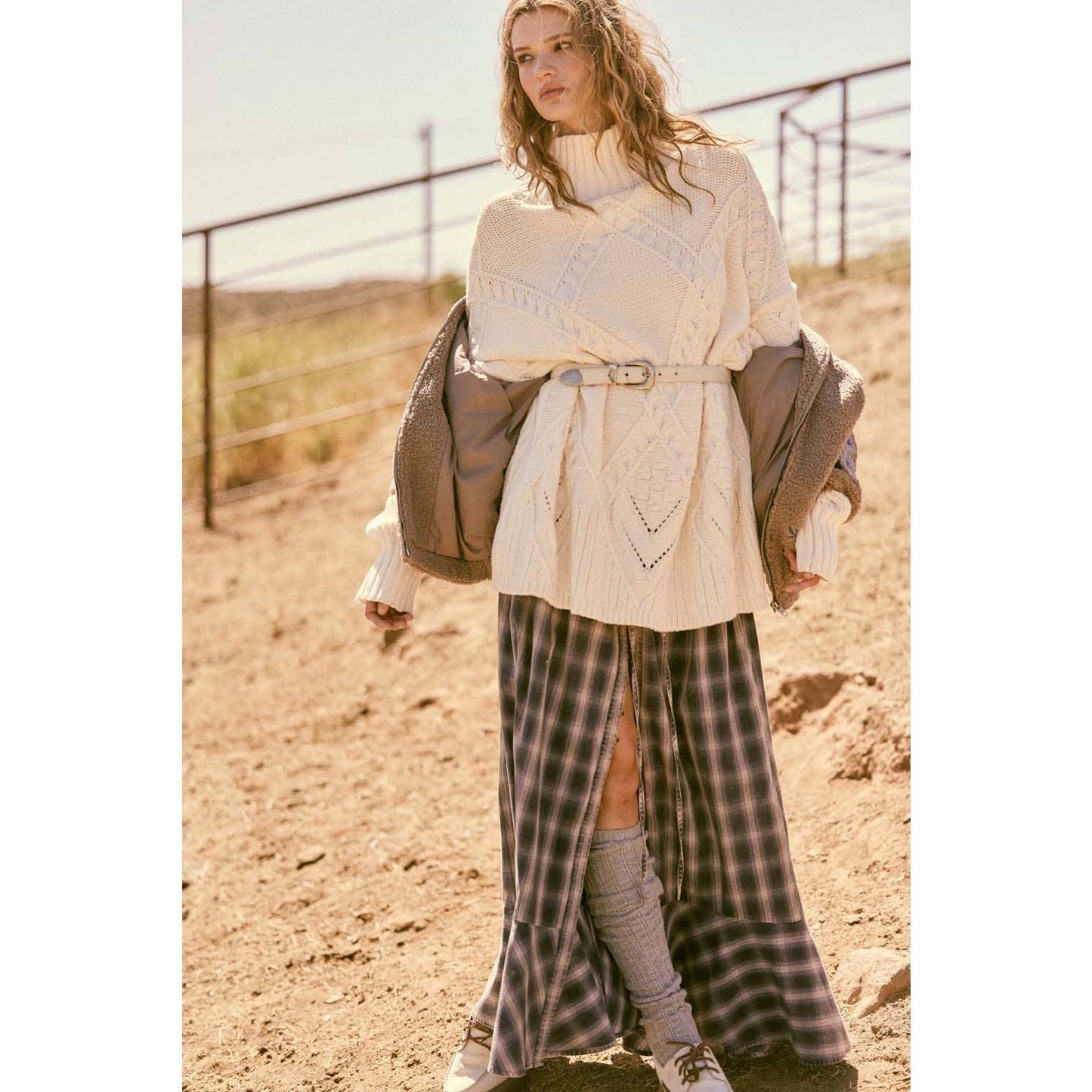 Plaid Flannel Button-Front Drawstring Maxi Skirt