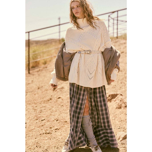 Plaid Flannel Button-Front Drawstring Maxi Skirt