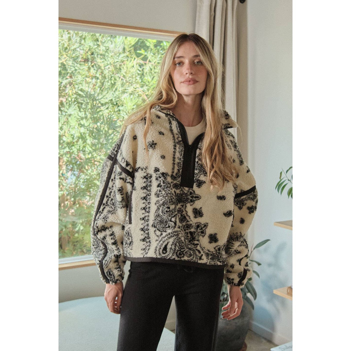 Floral Sherpa Fleece Half-Zip Pullover Jacket