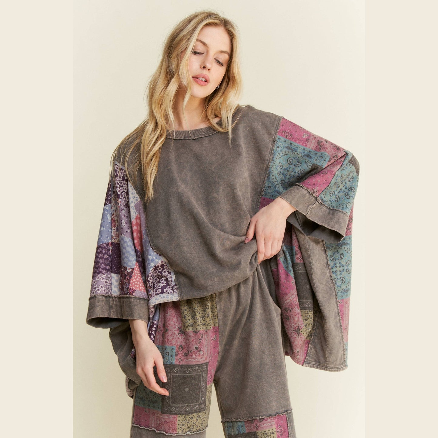 Mineral Washed Boho Patch Poncho Top