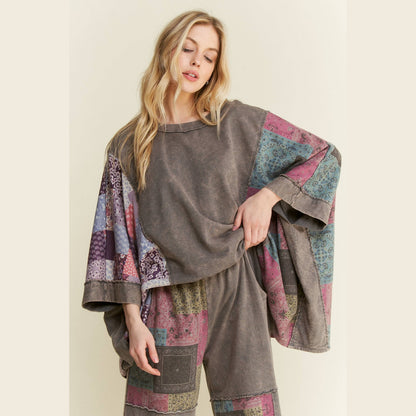 Mineral Washed Boho Patch Poncho Top