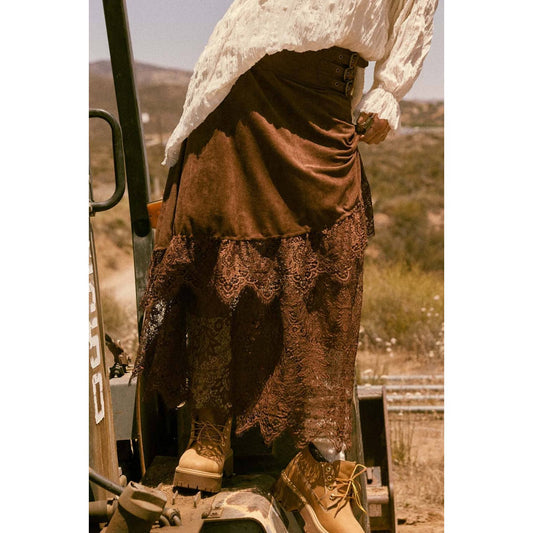 Faux Suede and Lace Buckled-Waist Maxi Skirt