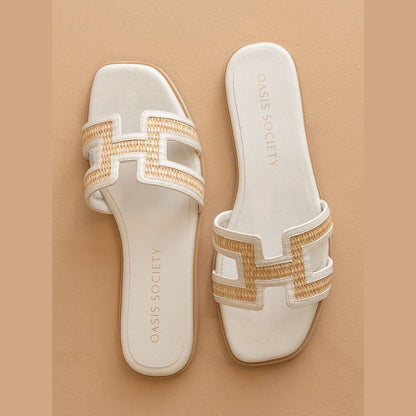 The Ena | White H Cutout Raffia Slide