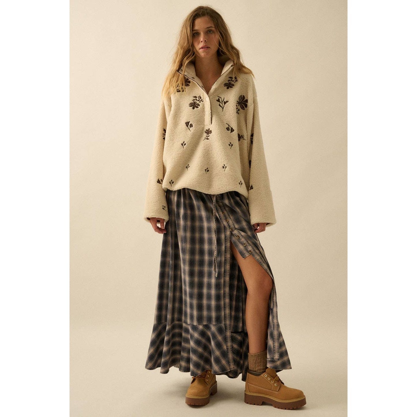 Plaid Flannel Button-Front Drawstring Maxi Skirt