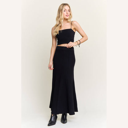 Ribbed Knit Pleated Midi Skirt