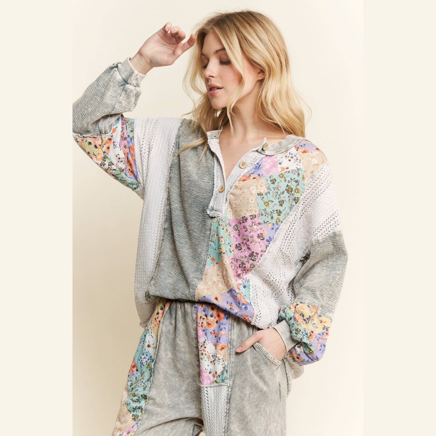 Mineral Washed Floral WaveKnit Jacquard Boho Top