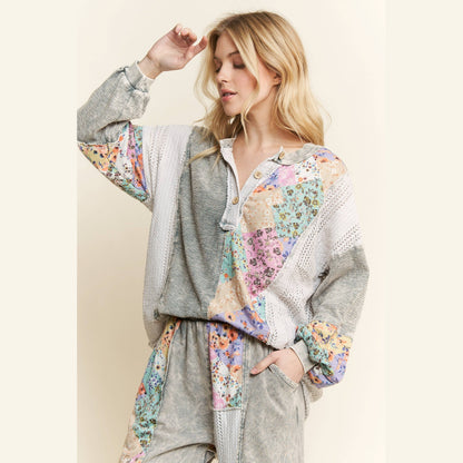 Mineral Washed Floral WaveKnit Jacquard Boho Top