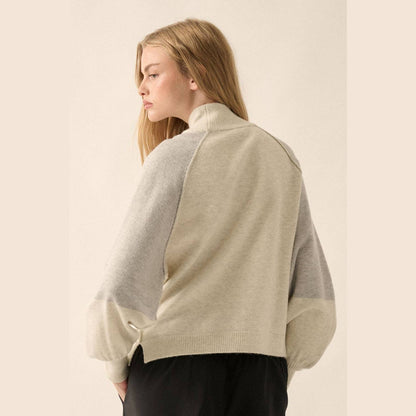 Colorblock Knit Bishop-Sleeve Mock-Neck Sweater