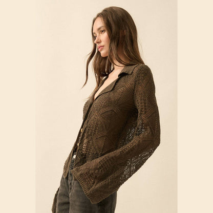 Solid Geometric-Pointelle Bell-Sleeve Cardigan