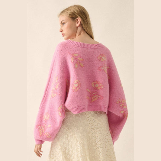Floral Knit Cropped Dolman-Sleeve Sweater