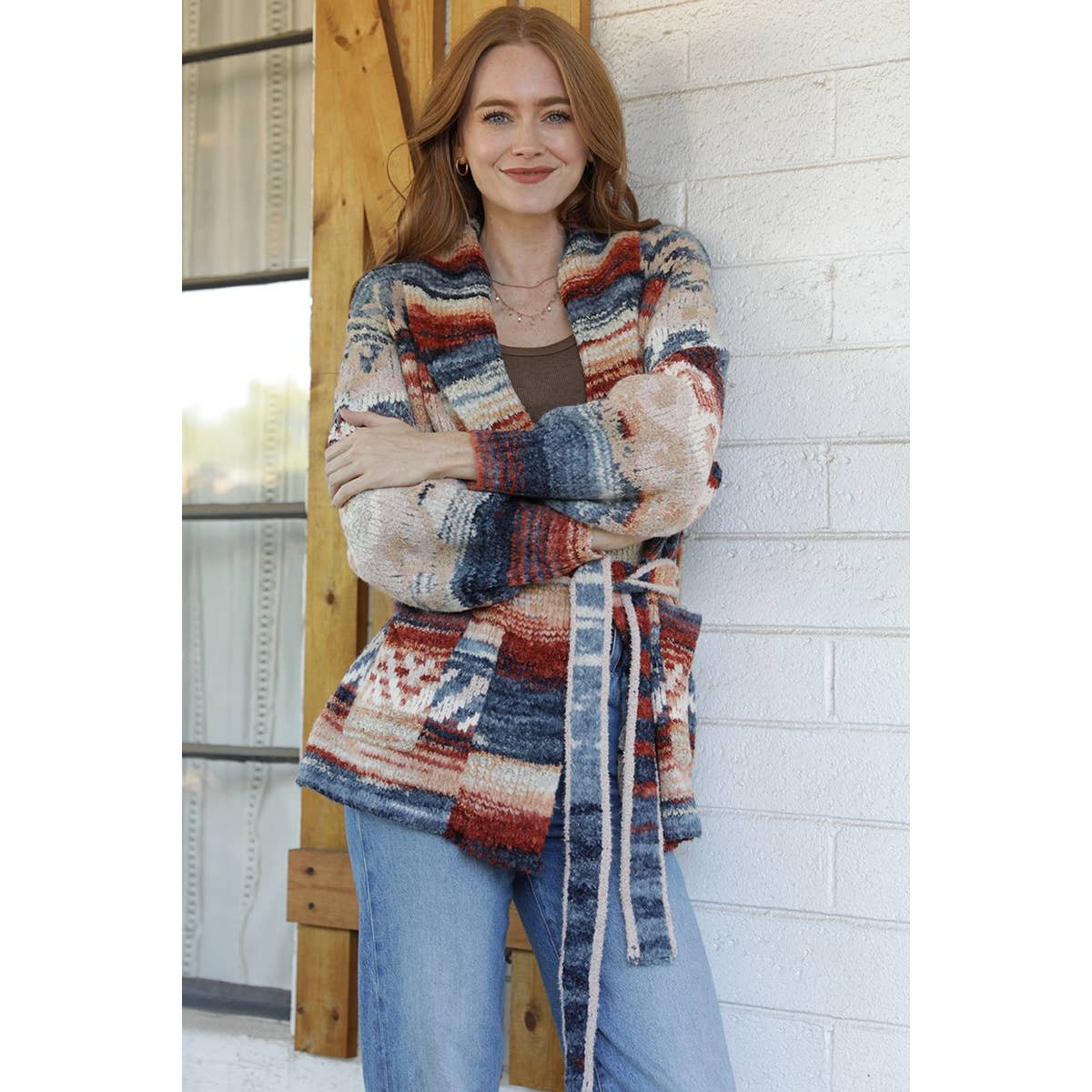 WIDE COLLAR SWEATER JACKET WITH WAIST TIE