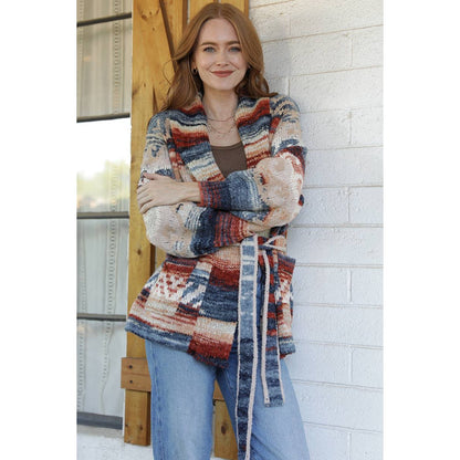 WIDE COLLAR SWEATER JACKET WITH WAIST TIE
