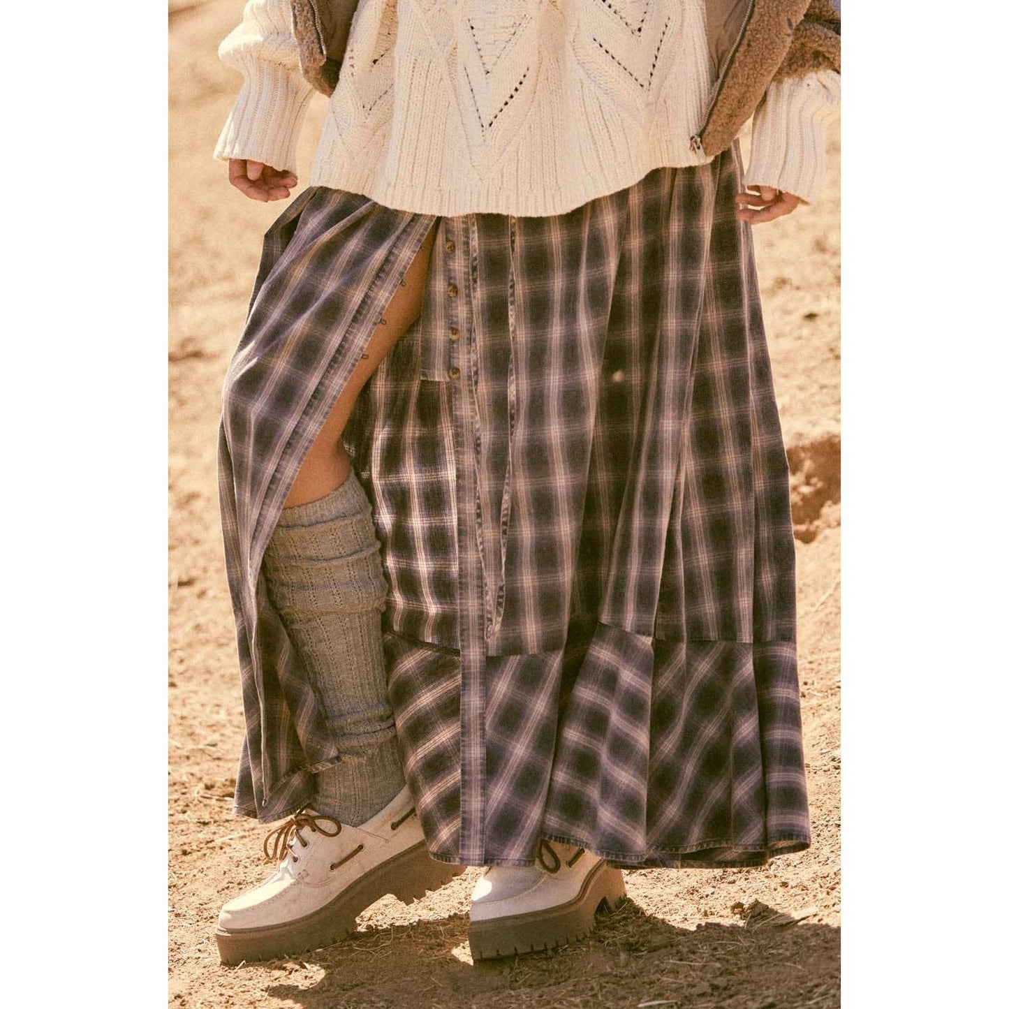 Plaid Flannel Button-Front Drawstring Maxi Skirt