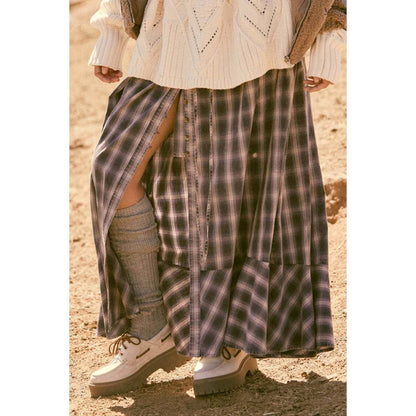 Plaid Flannel Button-Front Drawstring Maxi Skirt