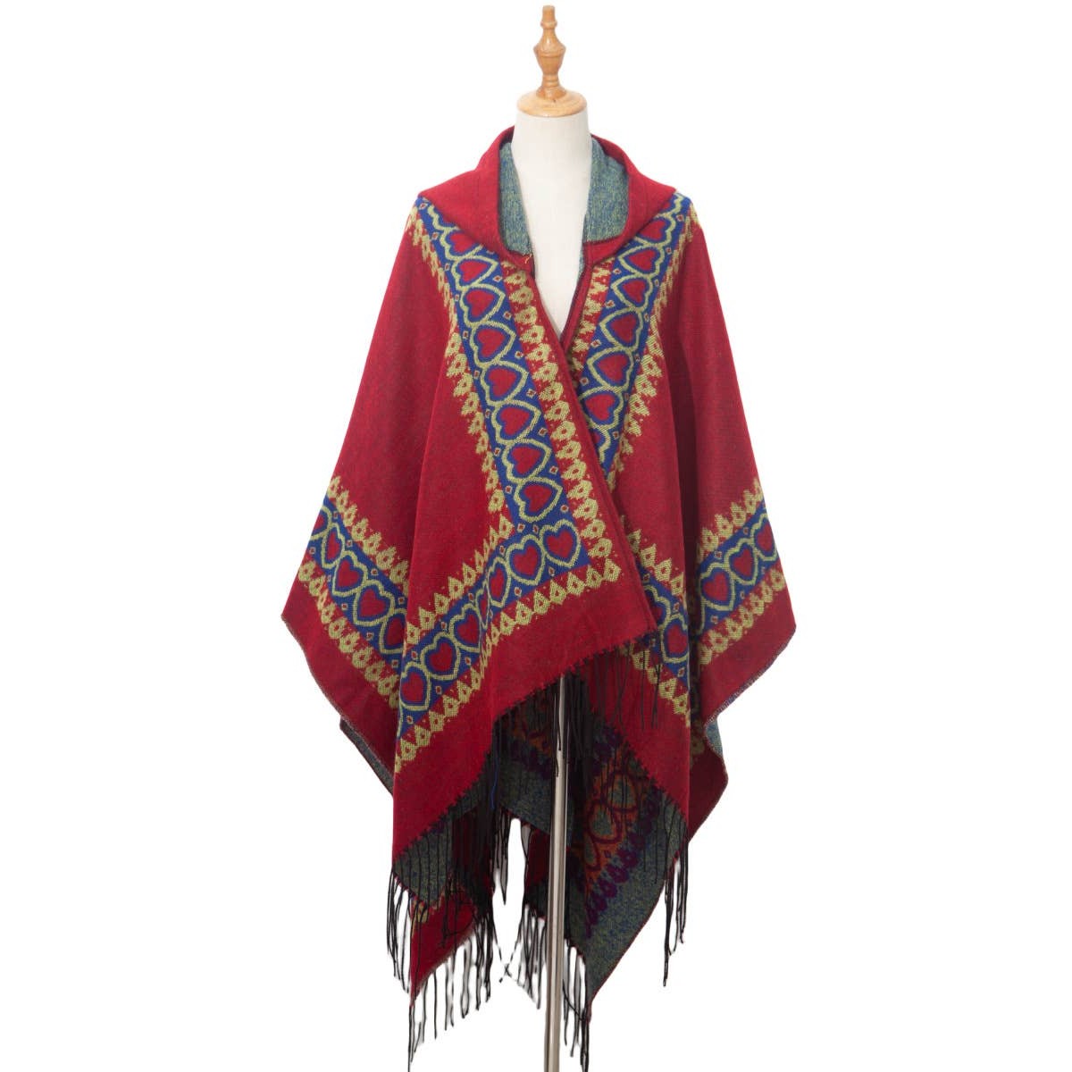 Heart crochet faux wool hooded sweater ruana wrap shawl