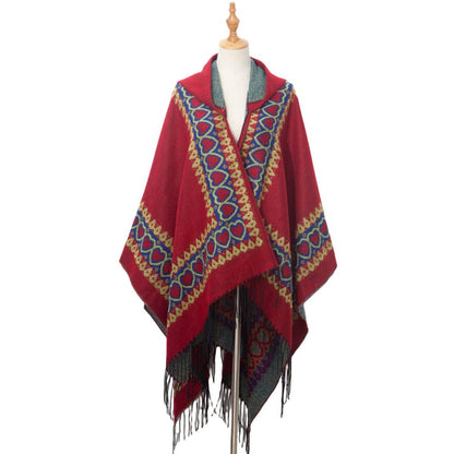 Heart crochet faux wool hooded sweater ruana wrap shawl