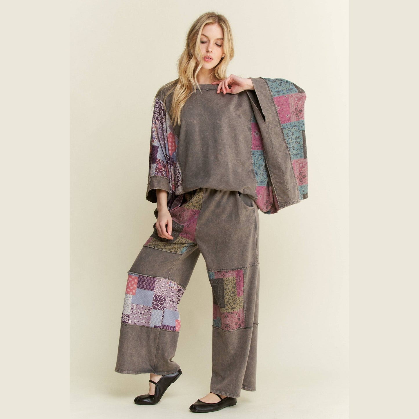 Mineral Washed Boho Patch Poncho Top