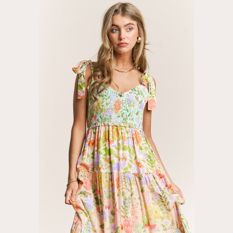 Patsy Smocked V-neck Tiered Multi Print Dress