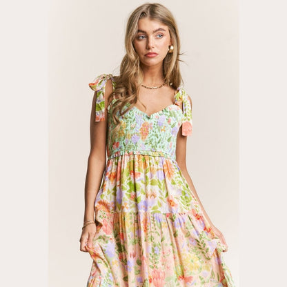 Patsy Smocked V-neck Tiered Multi Print Dress