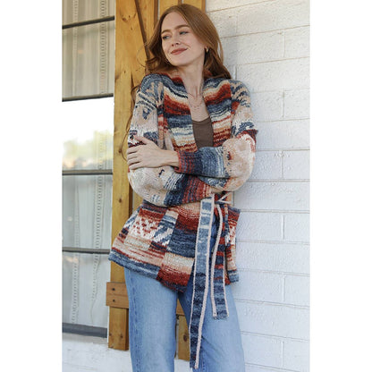 WIDE COLLAR SWEATER JACKET WITH WAIST TIE