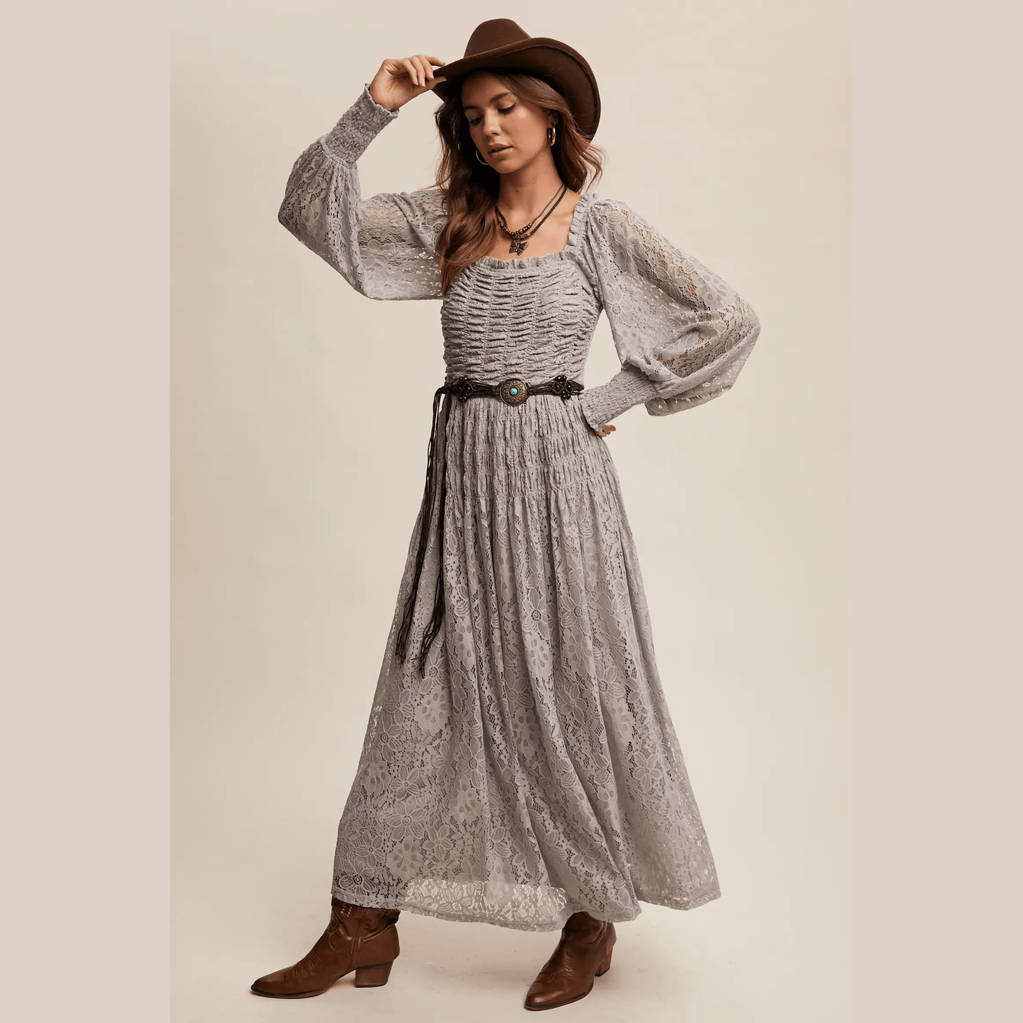 Vintage Lace Maxi Dress with Smocked Details