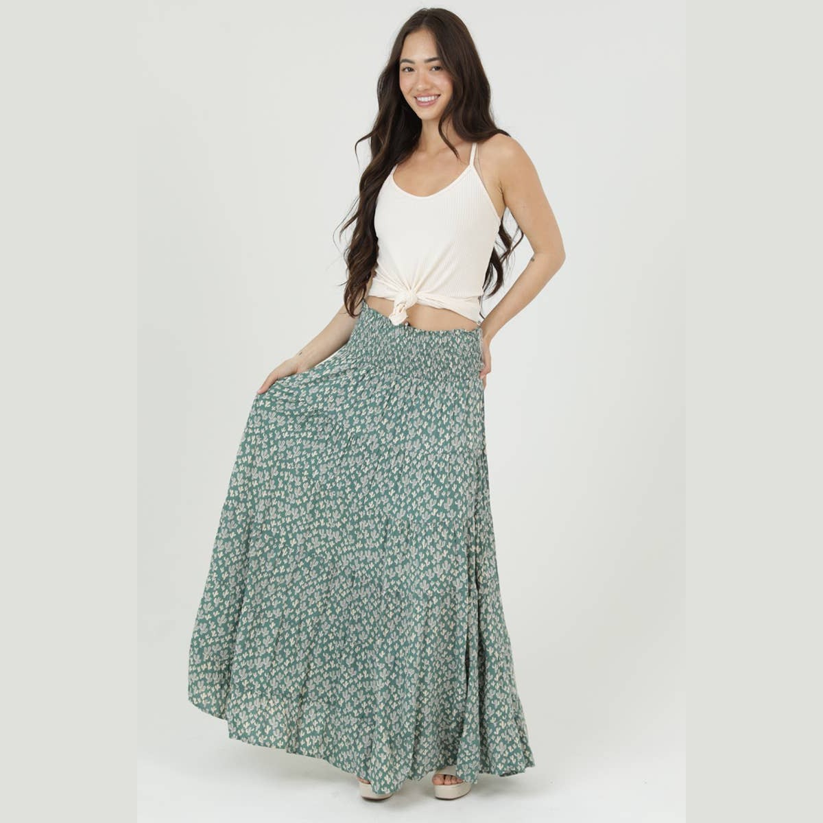 CACTUS PRINT SMOCKED WAIST TIERED A LINE MAXI SKI - The Feral Market